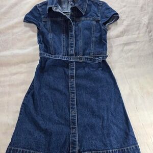 Gap Kids Girls Blue Denim Shirt Dress Dark Wash Short Sleeve Belted Size M 7-8